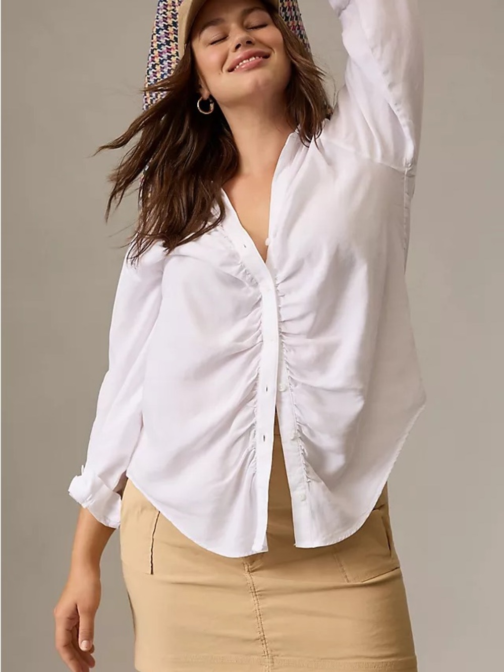 Anthropologie Cloth and Stone Classic White Ruched Front Button-Up Top - Women